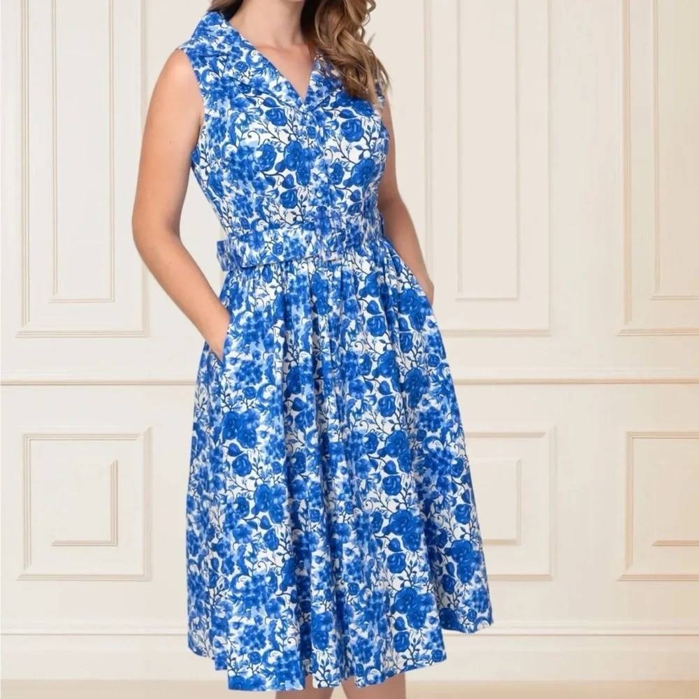 Lindy Bop Dress Womens 12 Blue Matilda Watercolor Floral Cotton Retro Rockabilly